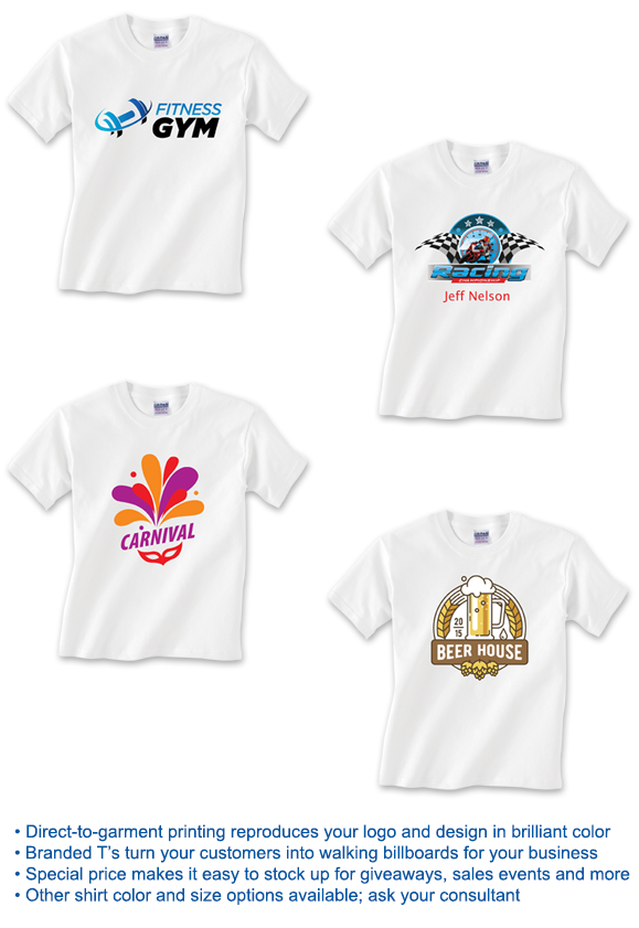 Direct-to-garment printing reproduces your logo and design in brilliant color; Branded T's turn your customers into walking billboards for your business; Special price makes it easy to stock up for giveaways, sales events and more; Other shirt color and size options available; ask your consultant